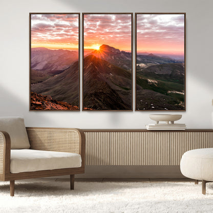 50957419-MGV-FC-48X32-3P_Walnut-Mountain Sunrise Wall Art Canvas Print, Framed Alpine Ridge Art Picture Print, Mountain Range Perfect Vibrant Rustic Decor Artwork