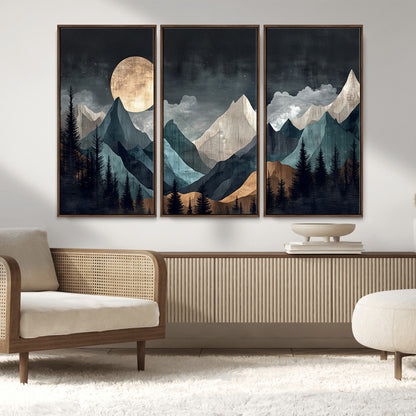 11060882-MGV-FC-48X32-3P_Walnut-Moonlit Mountains Wall Art Canvas Print, Framed Forest Silhouette Art Picture Print, Night Landscape Perfect Modern Forest Decor