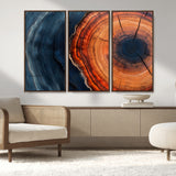 57732250-MGV-CV-36X24-Tree Ring Abstract Wall Art – Blue Orange Wood Grain Canvas Print, Modern Rustic Nature Artwork for Living Room, Office,