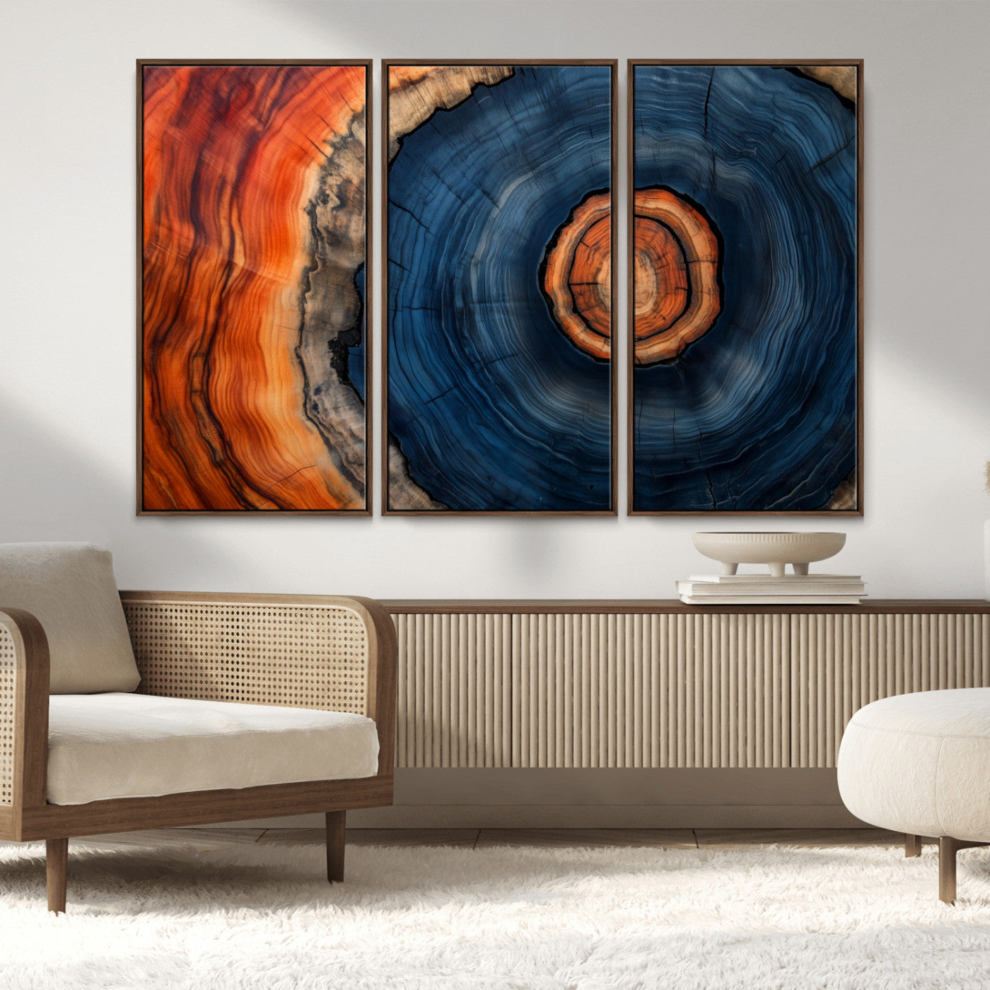 72209152-MGV-FC-48X32-3P_Walnut-Abstract Tree Ring Wall Art – Vibrant Blue Orange Wood Grain Canvas Print, Rustic Modern Nature Artwork for Living Room, Office,