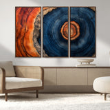 72209152-MGV-FC-48X32-3P_Walnut-Abstract Tree Ring Wall Art – Vibrant Blue Orange Wood Grain Canvas Print, Rustic Modern Nature Artwork for Living Room, Office,