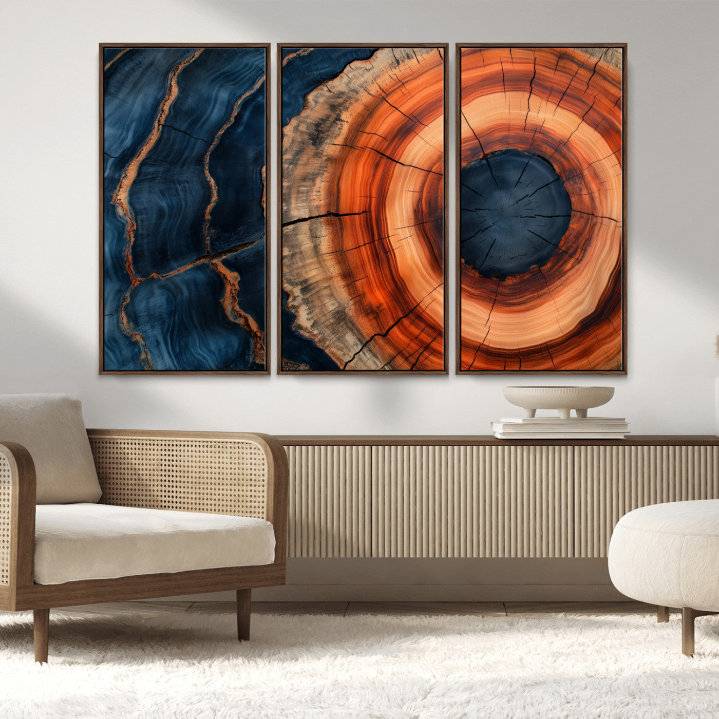 41123192-MGV-CV-36X24-Tree Ring Canvas Wall Art – Abstract Blue Orange Wood Grain Print, Rustic Modern Nature Artwork for Living Room, Bedroom, Office