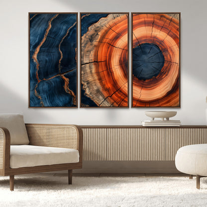 41123192-MGV-CV-36X24-Tree Ring Canvas Wall Art – Abstract Blue Orange Wood Grain Print, Rustic Modern Nature Artwork for Living Room, Bedroom, Office
