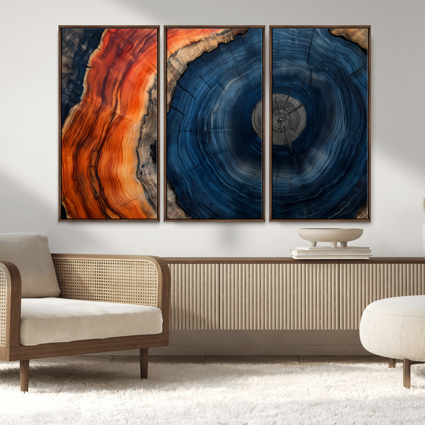99491700-MGV-FC-48X32-3P_Walnut-Tree Ring Canvas Wall Art – Blue Orange Abstract Wood Grain Print, Rustic Modern Nature Artwork for Living Room, Office, Bedroom