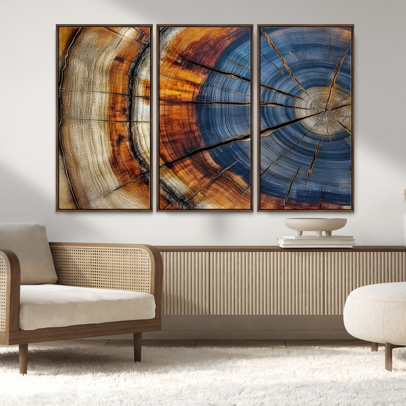 18032999-MGV-CV-36X24-Tree Ring Wall Art – Blue Brown Abstract Wood Slice Canvas Print, Rustic Modern Nature Decor for Living Room, Office, Bedroom or