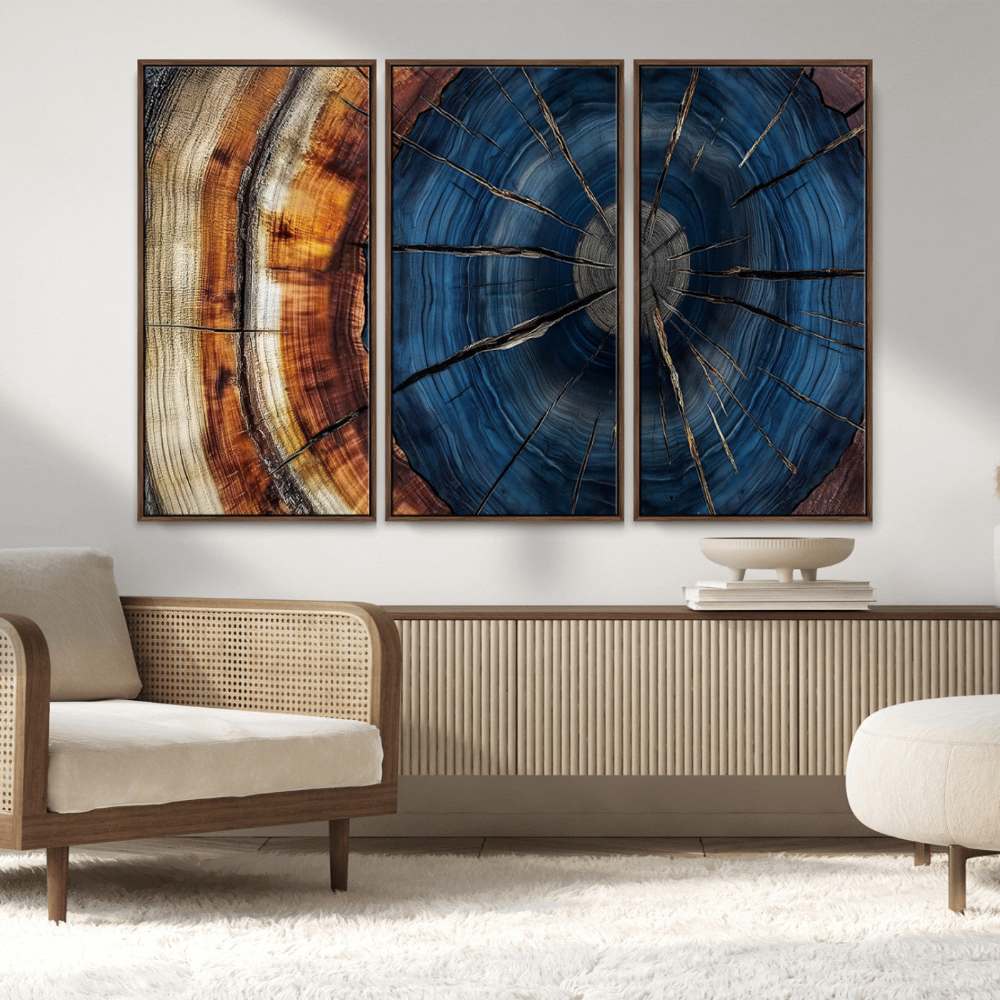 60099360-MGV-CV-36X24-Blue Tree Ring Wall Art – Rustic Wood Grain Canvas Print, Modern Abstract Artwork with Natural Texture for Living Room, Bedroom,