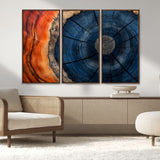 26110607-MGV-CV-36X24-Blue and Orange Tree Ring Wall Art – Abstract Wood Cross Section Canvas Print, Modern Rustic Nature Decor for Living Room, Office,