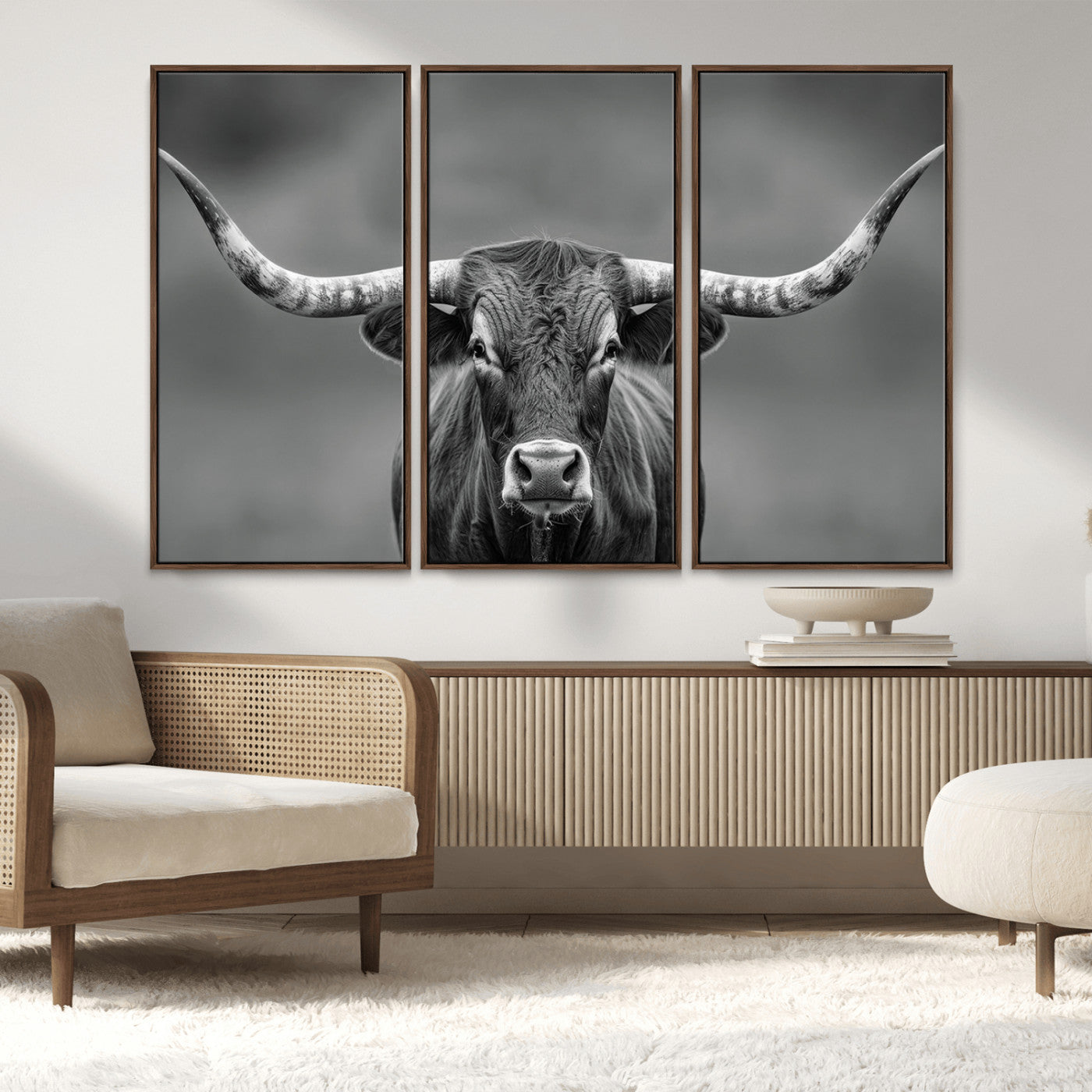 81228550-MGV-FC-48X32-3P_Walnut-Framed Texas Longhorn Bull Art Canvas Print, Western Bull Wall Art Print, Long Horn Bull Photo Print for Log Cabin, Large Bull