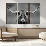 81228550-MGV-FC-48X32-3P_Walnut-Framed Texas Longhorn Bull Art Canvas Print, Western Bull Wall Art Print, Long Horn Bull Photo Print for Log Cabin, Large Bull