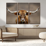 12179171-MGV-CV-36X24-Texas Longhorn Wall Art Canvas Print, Framed Brown Bull Art Picture Print, Lone Cattle Perfect Rustic Western Decor Artwork