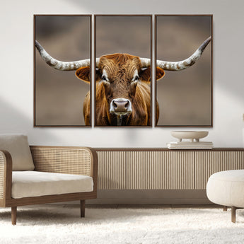 12179171-MGV-CV-36X24-Texas Longhorn Wall Art Canvas Print, Framed Brown Bull Art Picture Print, Lone Cattle Perfect Rustic Western Decor Artwork
