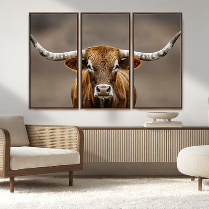 12179171-MGV-CV-36X24-Texas Longhorn Wall Art Canvas Print, Framed Brown Bull Art Picture Print, Lone Cattle Perfect Rustic Western Decor Artwork