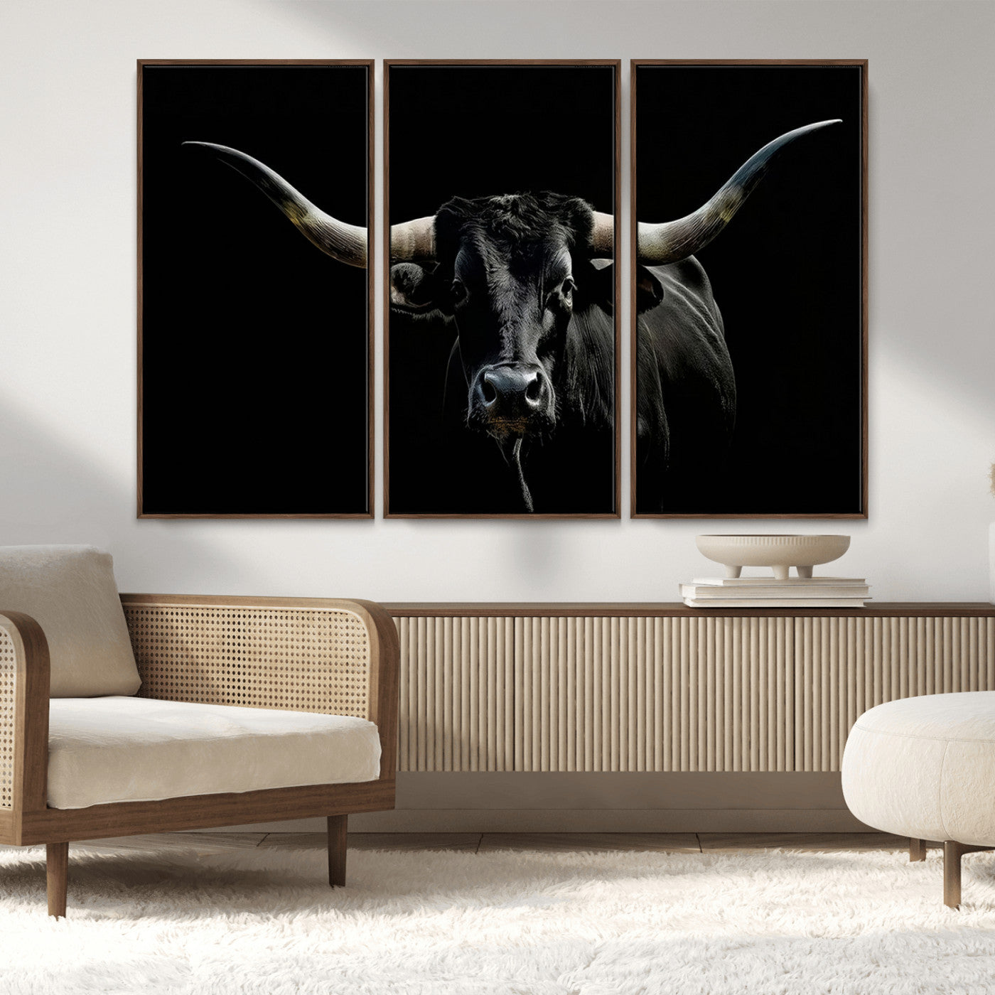 37531960-MGV-CV-36X24-Black Longhorn Bull Wall Art – Dramatic Western Cattle Canvas Print, Rustic Farmhouse Animal Artwork for Living Room, Bedroom,