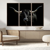 37531960-MGV-CV-36X24-Black Longhorn Bull Wall Art – Dramatic Western Cattle Canvas Print, Rustic Farmhouse Animal Artwork for Living Room, Bedroom,