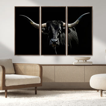 37531960-MGV-CV-36X24-Black Longhorn Bull Wall Art – Dramatic Western Cattle Canvas Print, Rustic Farmhouse Animal Artwork for Living Room, Bedroom,