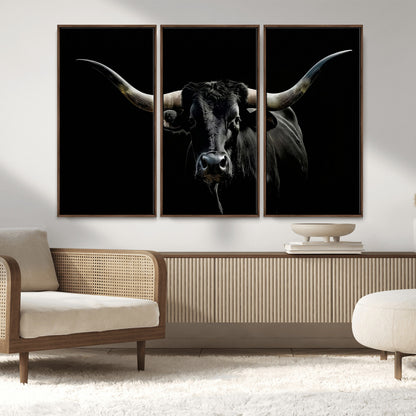 37531960-MGV-CV-36X24-Black Longhorn Bull Wall Art – Dramatic Western Cattle Canvas Print, Rustic Farmhouse Animal Artwork for Living Room, Bedroom,