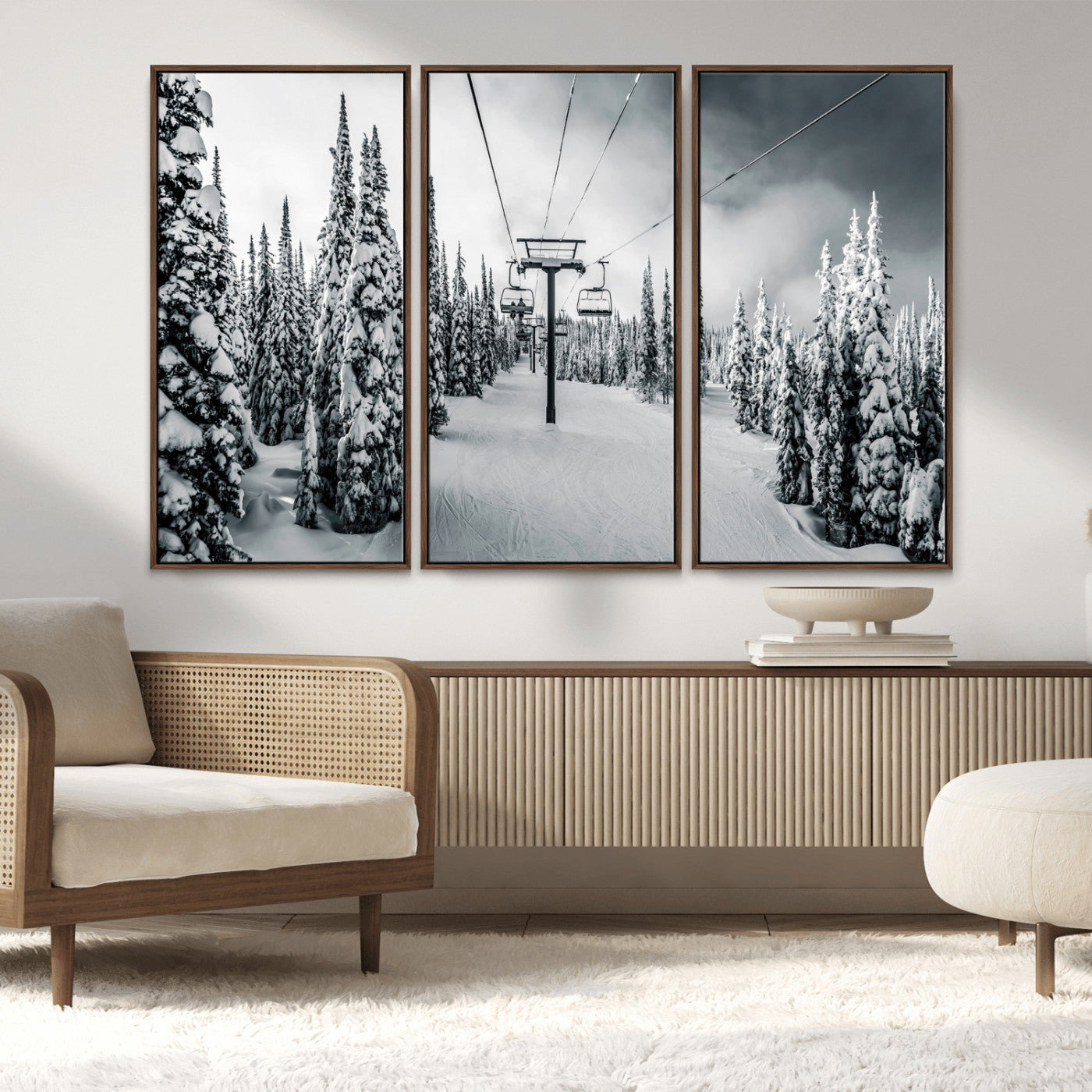 31156828-MGV-FC-48X32-3P_Walnut-Snowy Pines Wall Art Canvas Print, Framed Ski Lift Art Picture Print, Winter Forest Perfect Moody Lodge Decor Artwork