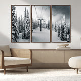 31156828-MGV-FC-48X32-3P_Walnut-Snowy Pines Wall Art Canvas Print, Framed Ski Lift Art Picture Print, Winter Forest Perfect Moody Lodge Decor Artwork