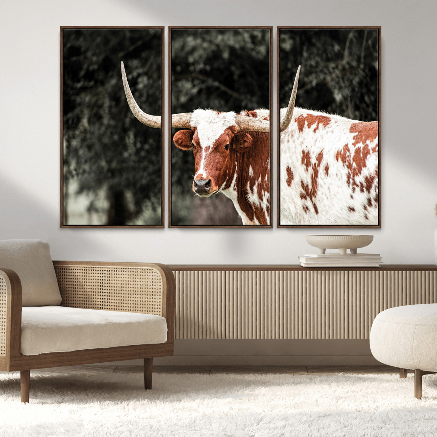 54027638-MGV-CV-36X24-Texas Longhorn Wall Art Canvas Print, Framed Spotted Cow Art Picture Print, Horned Bull Perfect Rustic Western Decor Artwork