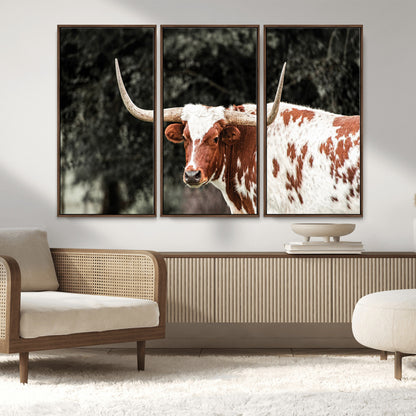 54027638-MGV-CV-36X24-Texas Longhorn Wall Art Canvas Print, Framed Spotted Cow Art Picture Print, Horned Bull Perfect Rustic Western Decor Artwork