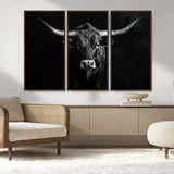 42077175-MGV-CV-36X24-Texas Longhorn Wall Art Canvas Print, Framed Monochrome Bull Art Picture Print, Horned Bull Perfect Rustic Western Decor Artwork