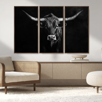 42077175-MGV-CV-36X24-Texas Longhorn Wall Art Canvas Print, Framed Monochrome Bull Art Picture Print, Horned Bull Perfect Rustic Western Decor Artwork