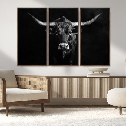 42077175-MGV-CV-36X24-Texas Longhorn Wall Art Canvas Print, Framed Monochrome Bull Art Picture Print, Horned Bull Perfect Rustic Western Decor Artwork