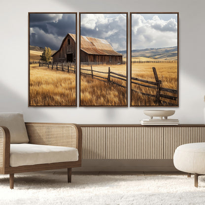 38758826-MGV-CV-36X24-Rustic Barn Wall Art Canvas Print, Framed Moody Barn Art Picture Print, Golden Field Perfect Rustic Farmhouse Decor Artwork