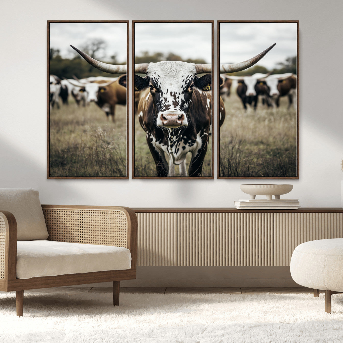 79025945-MGV-CV-36X24-Texas Longhorn Wall Art Canvas Print, Framed Speckled Cow Art Picture Print, Horned Cattle Perfect Rustic Western Decor Artwork