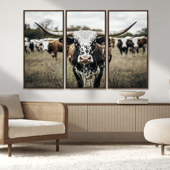 79025945-MGV-CV-36X24-Texas Longhorn Wall Art Canvas Print, Framed Speckled Cow Art Picture Print, Horned Cattle Perfect Rustic Western Decor Artwork