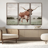 28309012-MGV-CV-36X24-Texas Longhorn Wall Art Canvas Print, Framed Spotted Cattle Art Picture Print, Horned Bull Perfect Rustic Western Decor Artwork