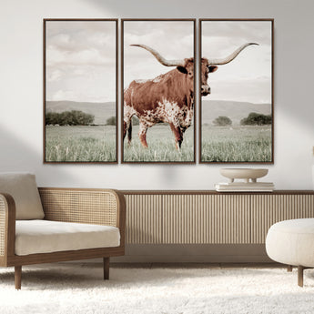 28309012-MGV-CV-36X24-Texas Longhorn Wall Art Canvas Print, Framed Spotted Cattle Art Picture Print, Horned Bull Perfect Rustic Western Decor Artwork