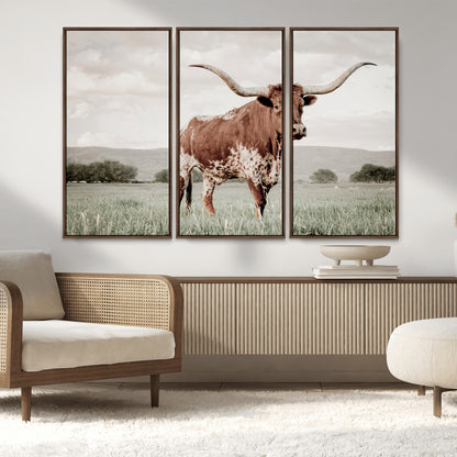 28309012-MGV-CV-36X24-Texas Longhorn Wall Art Canvas Print, Framed Spotted Cattle Art Picture Print, Horned Bull Perfect Rustic Western Decor Artwork