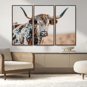 70414966-MGV-CV-36X24-Texas Longhorn Wall Art Canvas Print, Framed Speckled Cow Art Picture Print, Horned Bull Perfect Rustic Western Decor Artwork