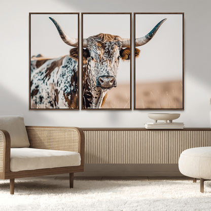 70414966-MGV-CV-36X24-Texas Longhorn Wall Art Canvas Print, Framed Speckled Cow Art Picture Print, Horned Bull Perfect Rustic Western Decor Artwork