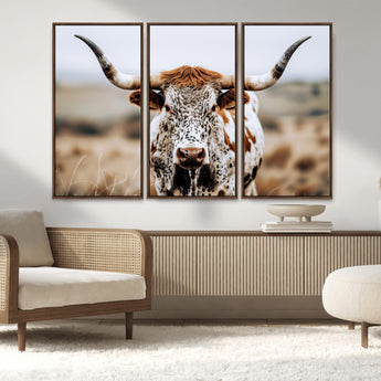76294381-MGV-FC-48X32-3P_Walnut-Texas Longhorn Wall Art Canvas Print, Framed Spotted Cow Art Picture Print, Horned Cattle Perfect Rustic Western Decor Artwork