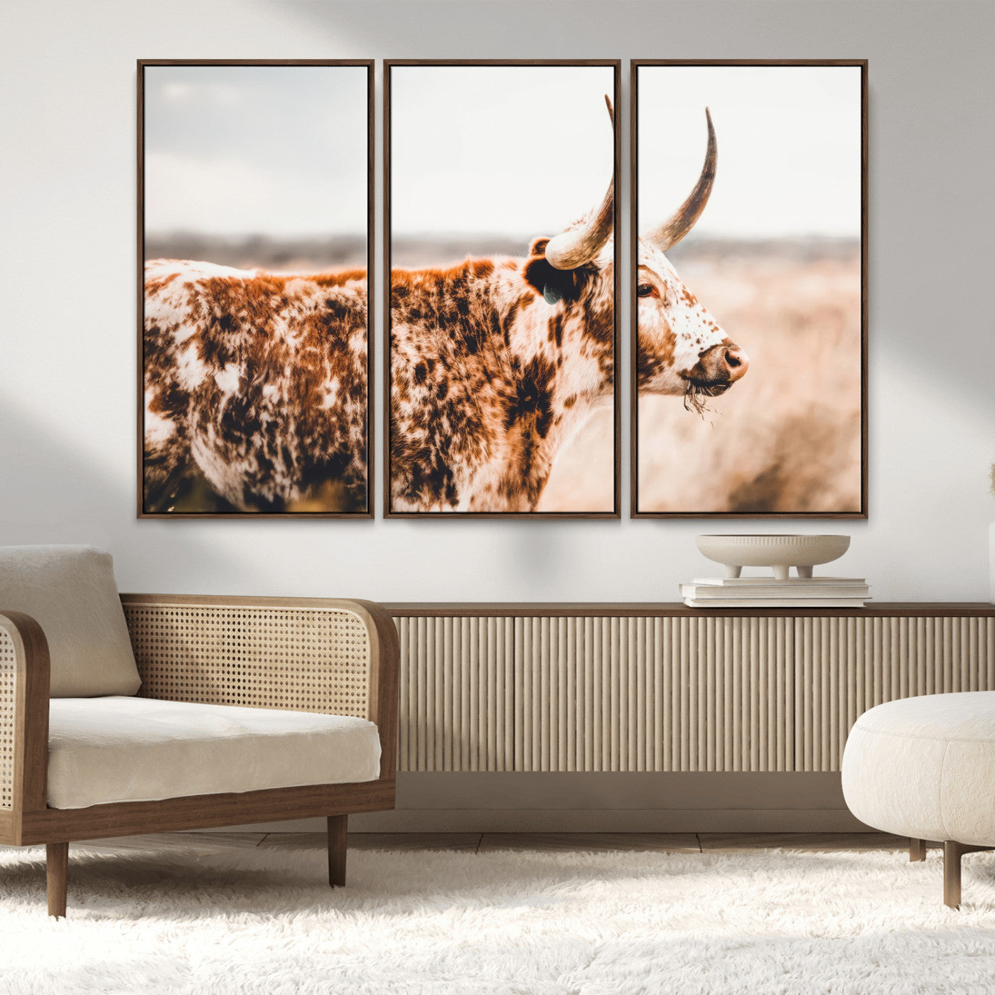 11528295-MGV-CV-36X24-Speckled Longhorn Wall Art Canvas Print, Framed Texas Cattle Art Picture Print, Horned Cow Perfect Rustic Western Decor Artwork