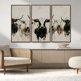 12027562-MGV-FC-48X32-3P_Walnut-Longhorn Cattle Wall Art Canvas Print, Framed Bison Herd Art Picture Print, Cattle Group Perfect Rustic Farmhouse Decor Artwork