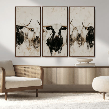 12027562-MGV-FC-48X32-3P_Walnut-Longhorn Cattle Wall Art Canvas Print, Framed Bison Herd Art Picture Print, Cattle Group Perfect Rustic Farmhouse Decor Artwork