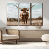 39350715-MGV-CV-36X24-Texas Longhorn Wall Art Canvas Print, Framed Longhorn Cow Art Picture Print, Western Cattle Perfect Rustic Western Decor Artwork