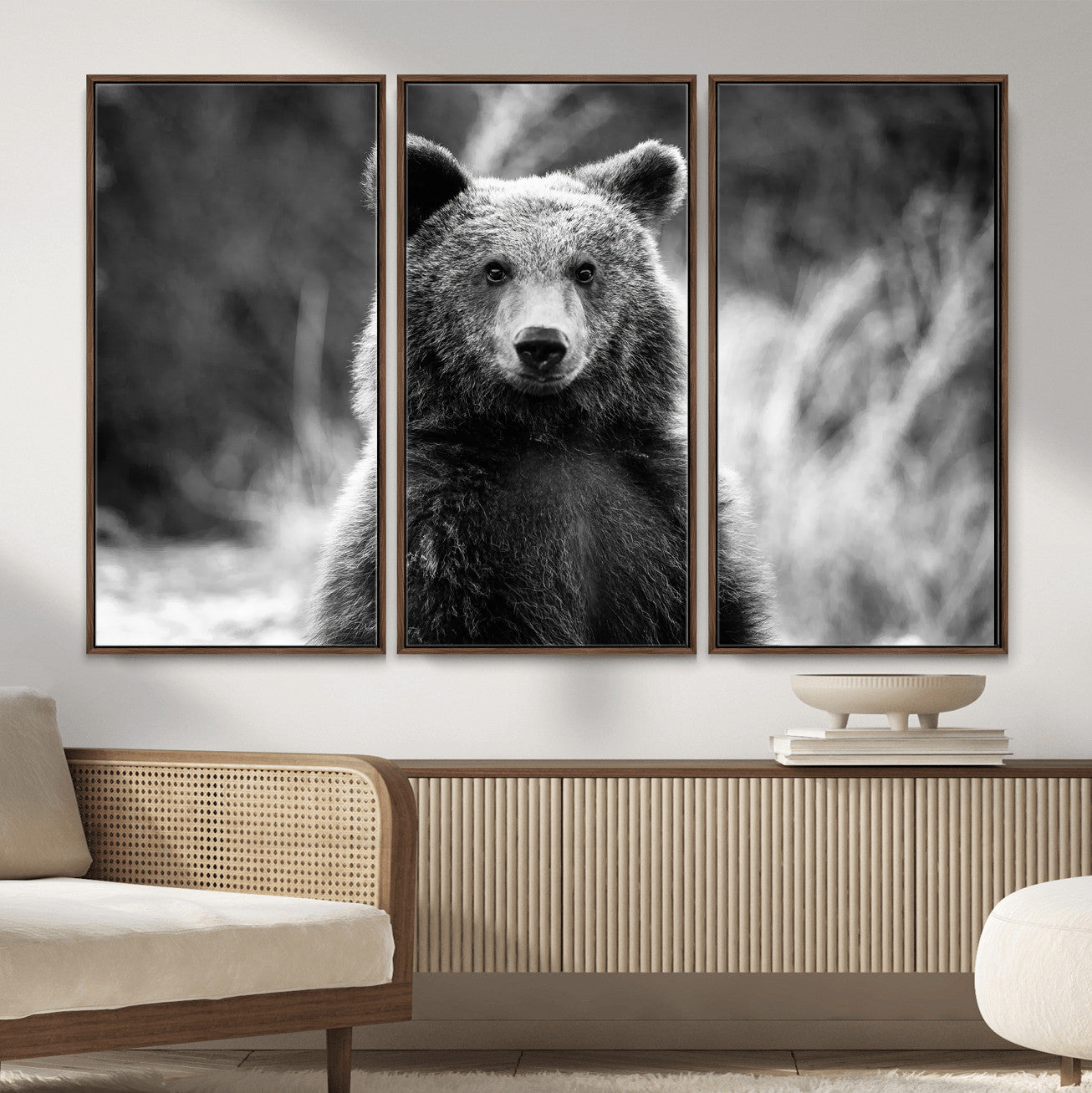 MGV-FC-48X32-3P - Grizzly Bear Wall Art Canvas Print, Framed Black White Bear Art Picture Print, Wild Bear Perfect Rustic Wildlife Decor Artwork
