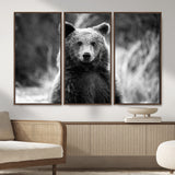 MGV-FC-48X32-3P - Grizzly Bear Wall Art Canvas Print, Framed Black White Bear Art Picture Print, Wild Bear Perfect Rustic Wildlife Decor Artwork
