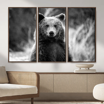 MGV-FC-48X32-3P - Grizzly Bear Wall Art Canvas Print, Framed Black White Bear Art Picture Print, Wild Bear Perfect Rustic Wildlife Decor Artwork