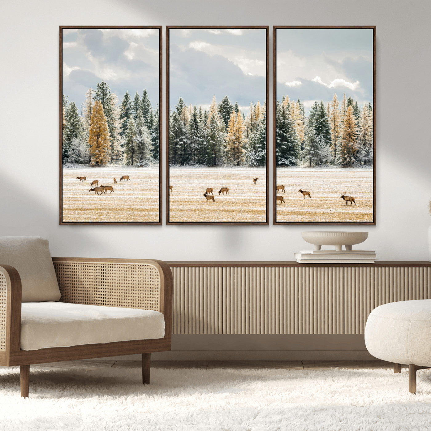 64188182-MGV-CV-36X24-Elk Herd Wall Art Canvas Print, Framed Snowy Forest Art Picture Print, Forest Elks Perfect Neutral Rustic Decor Artwork