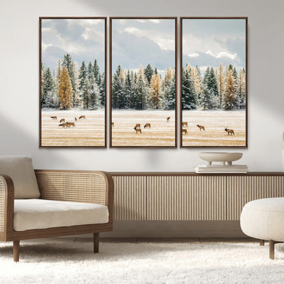 64188182-MGV-CV-36X24-Elk Herd Wall Art Canvas Print, Framed Snowy Forest Art Picture Print, Forest Elks Perfect Neutral Rustic Decor Artwork