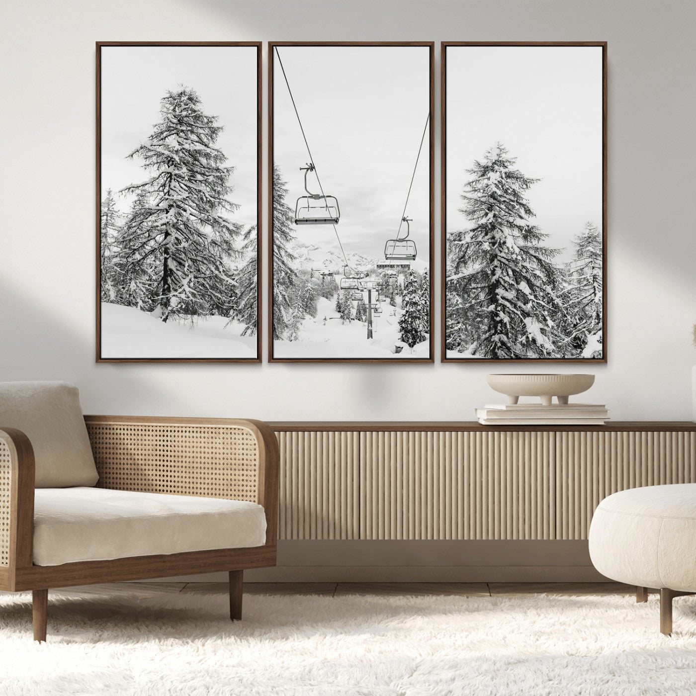 55003599-MGV-CV-36X24-Snowy Ski Lift Wall Art Canvas Print, Framed Winter Forest Art Picture Print, Ski lift Ride Perfect Winter Lodge Decor Artwork