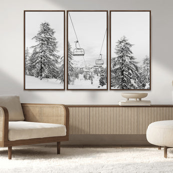 55003599-MGV-CV-36X24-Snowy Ski Lift Wall Art Canvas Print, Framed Winter Forest Art Picture Print, Ski lift Ride Perfect Winter Lodge Decor Artwork