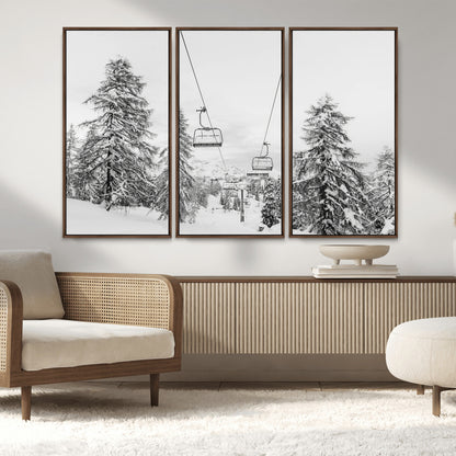 55003599-MGV-CV-36X24-Snowy Ski Lift Wall Art Canvas Print, Framed Winter Forest Art Picture Print, Ski lift Ride Perfect Winter Lodge Decor Artwork