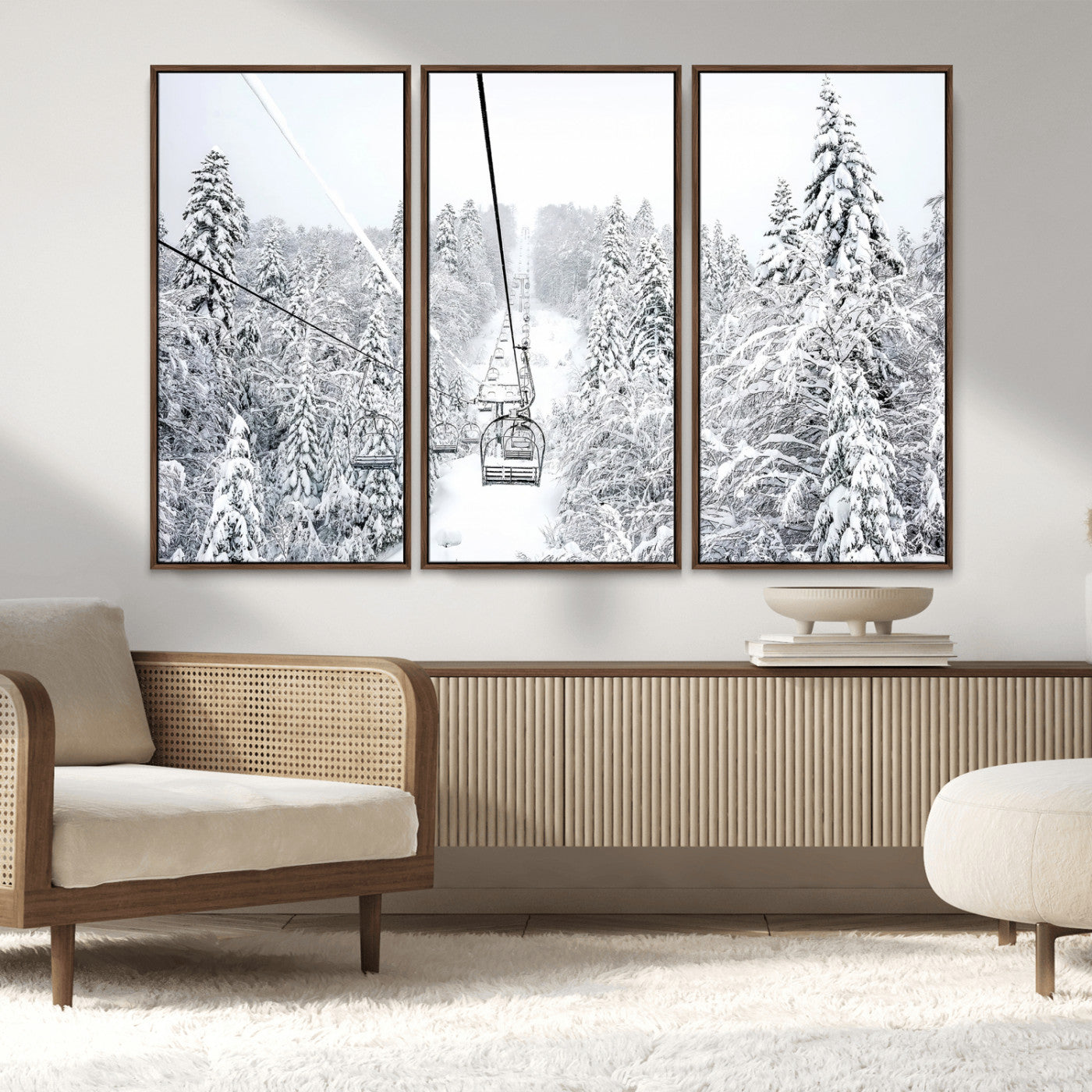 60296839-MGV-CV-36X24-Snowy Mountains Wall Art Canvas Print, Framed Ski Lift Art Picture Print, Winter Forest Perfect Winter Minimalist Decor Artwork