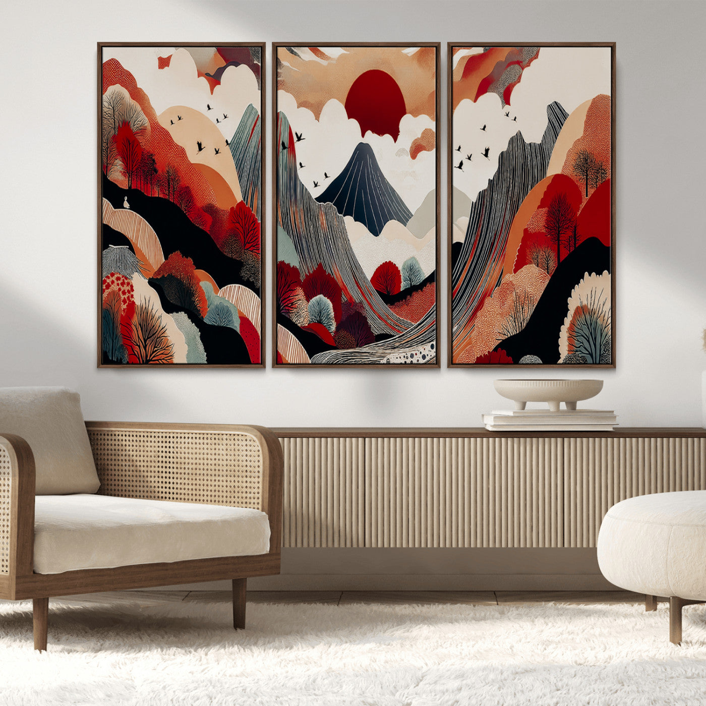 59495752-MGV-FC-48X32-3P_Walnut-Abstract Mountain Wall Art Canvas Print, Framed Vibrant Landscape Art Picture Print, Nature Drawing Perfect Contemporary